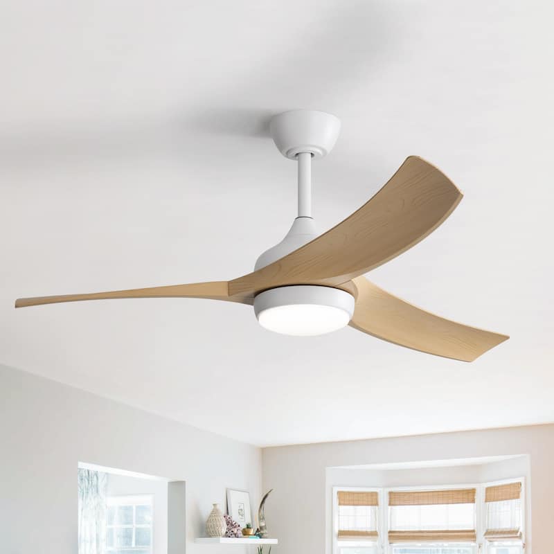 52" Indoor Noiseless Ceiling Fan with Integrated LED Light and Remote - White and Natural wood 