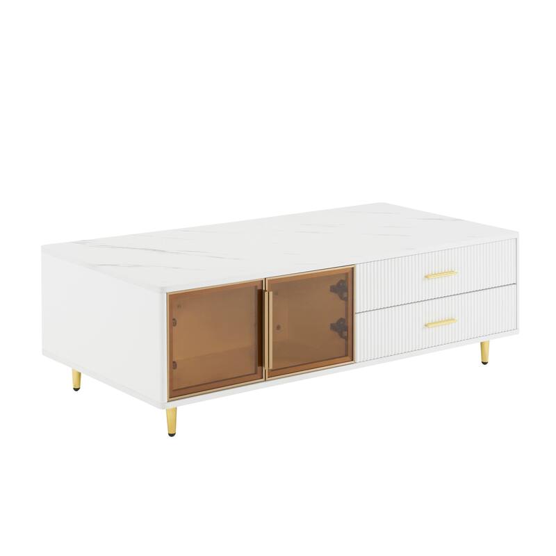47.2" Modern Coffee Table with 2 Glass Door, 4 Drawers and Multi-Color Lighting