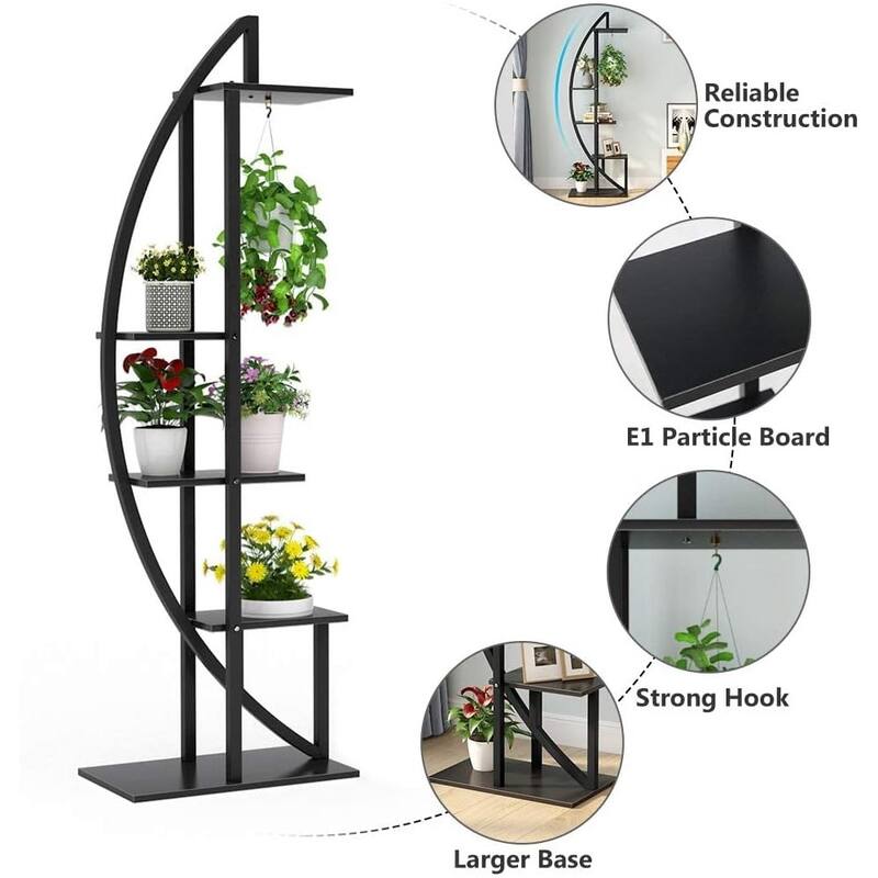 Black-Brown Wood Metal 10-Tier Curved Plant Display Shelf Stand - 19.7" x 11.8" x 63"