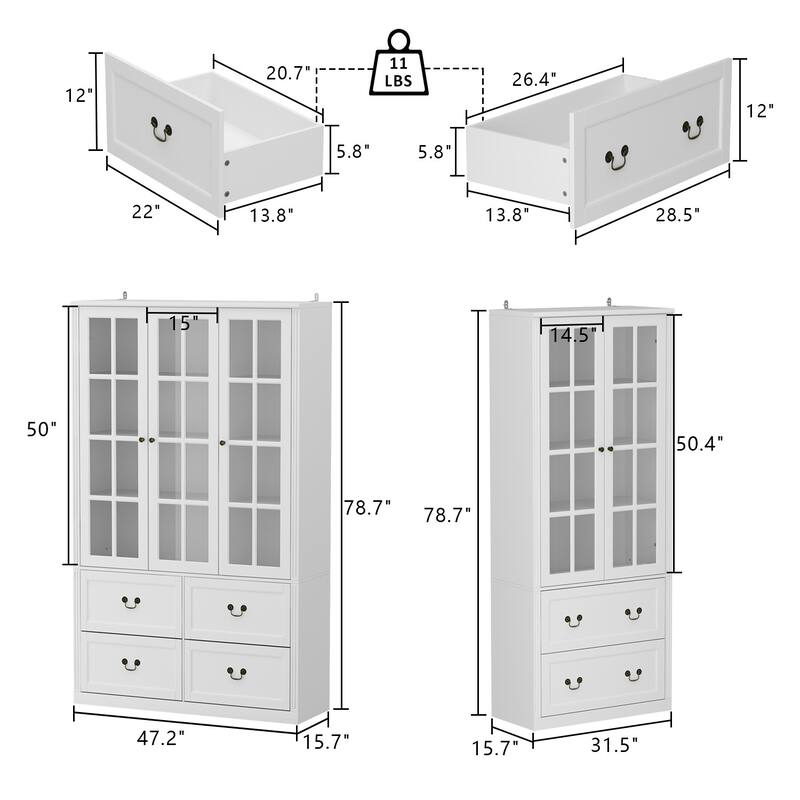 78.7" Combo Buffet Bookcase Storage Cabinet Glass Bookshelf Display