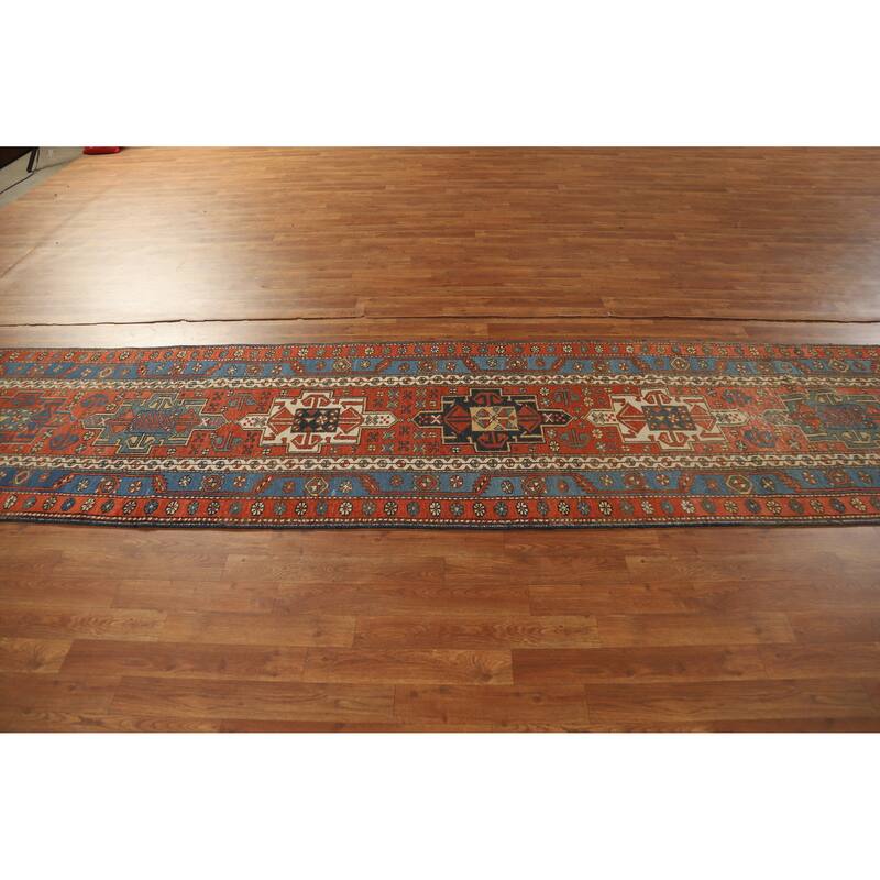 Hand Knotted Oriental 100% Wool Carpet Traditional Geometric Oranges & Rust Heriz (serapi) Runner Rug - 12' 7'' X 2' 10''