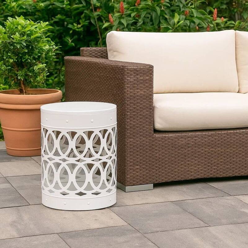 Feio Outdoor Side End Table 14 Inch Round Geometric Pattern White Iron