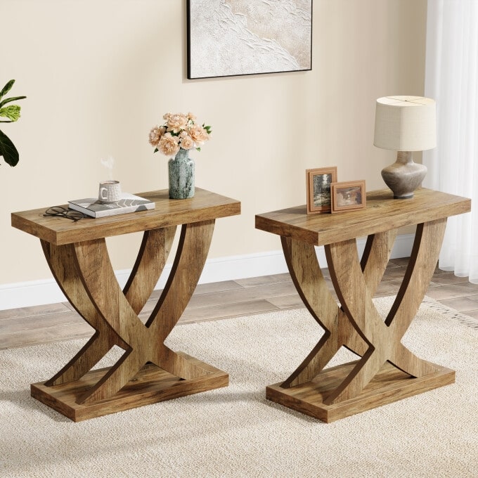 Wood End Side Table for Living Room, Night Stand for Bedroom with Cross Fishtail Support