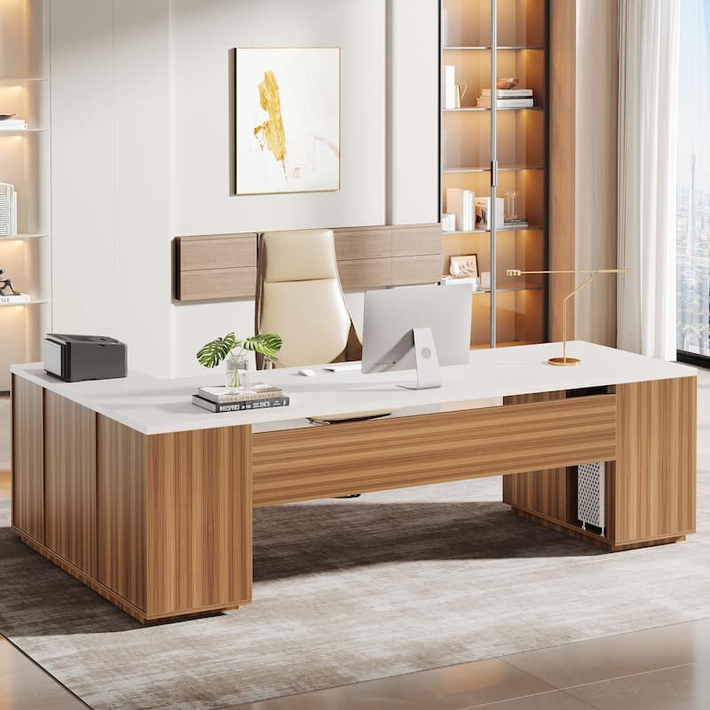 85.8" L-Shaped Executive Desk, Extra Large Office Desk with Drawers - Brown White