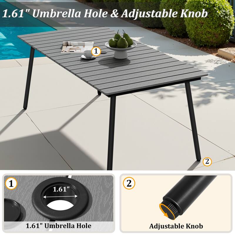 70in Outdoor Patio Rectangle Aluminum Wood-Like Dining Table with Umbrella Hole