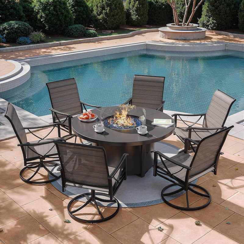 Kullavik Textilene Chairs and Round Gas Fire Pit Table, Outdoor Patio Furniture Set - 6-Seat Swivel Chair