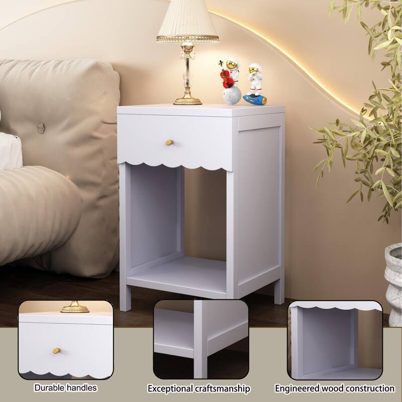 Anmytek Scalloped Edge Bedside Table Modern Storage Nightstand with Drawer Open Shelf