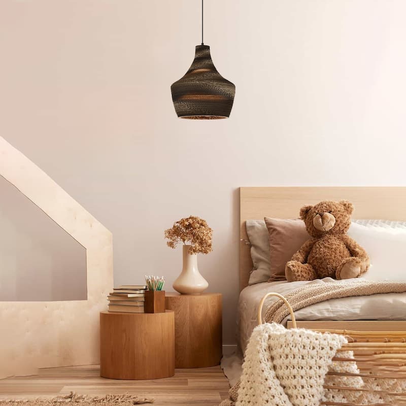 1-light Brown Natural Pendant Light With Nordic Style Corrugated Cardboard Shade