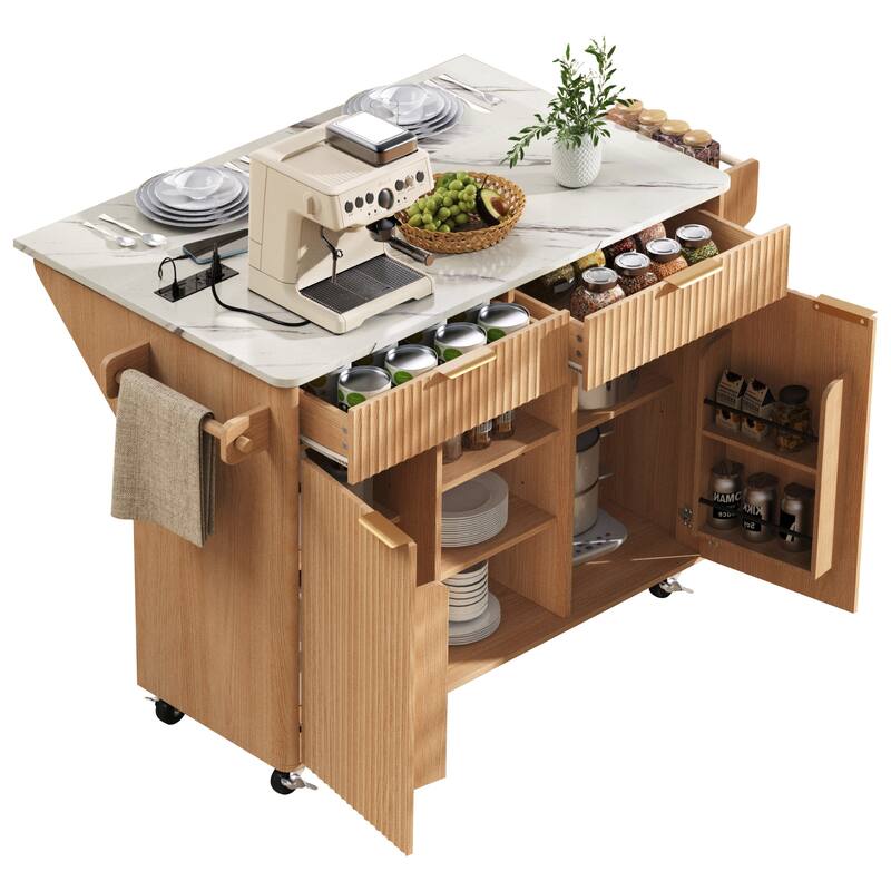 Kitchen Island with Drop Leaf & Power Outlet, Fluted Island Table on Lockable Wheels, Kitchen Cart with Adjustable Shelves