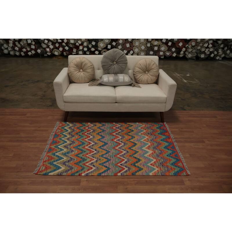 Hand Woven Oriental 100% Wool Carpet Southwestern Geometric Multi-Colored Kilim Area Rug - 5' 0'' X 3' 5''