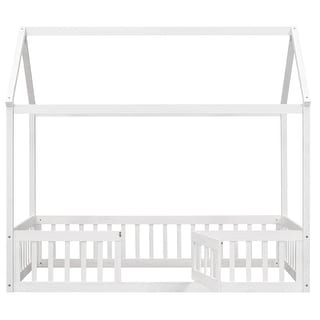 Kids House Bed Twin Size Wood Floor Bed With Fence Roof Pine