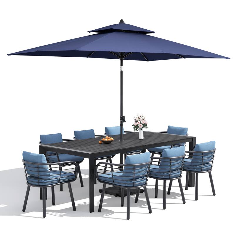 9/11-Piece Outdoor Dining Set w/10 ft Umbrella and Base Aluminum Dining Table and Chairs with Sunbrella Cushions