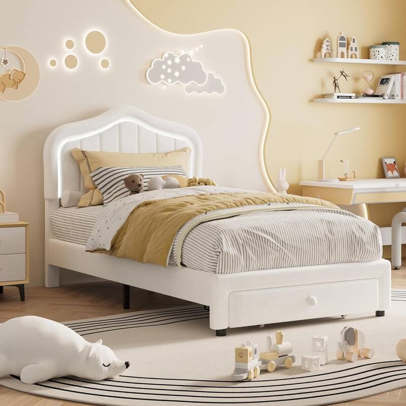 Twin Upholstered Platform Bed Frame with LED Lights & Storage Drawer, Easy Assembly - White