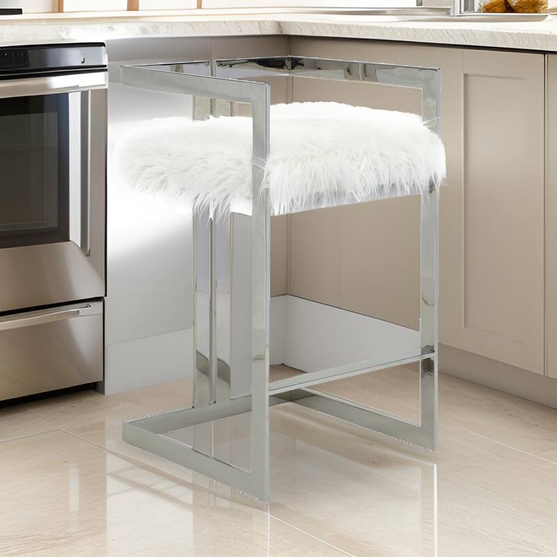 Suki 30 Inch Barstool Chair, White Faux Fur, Silver Stainless Steel Frame