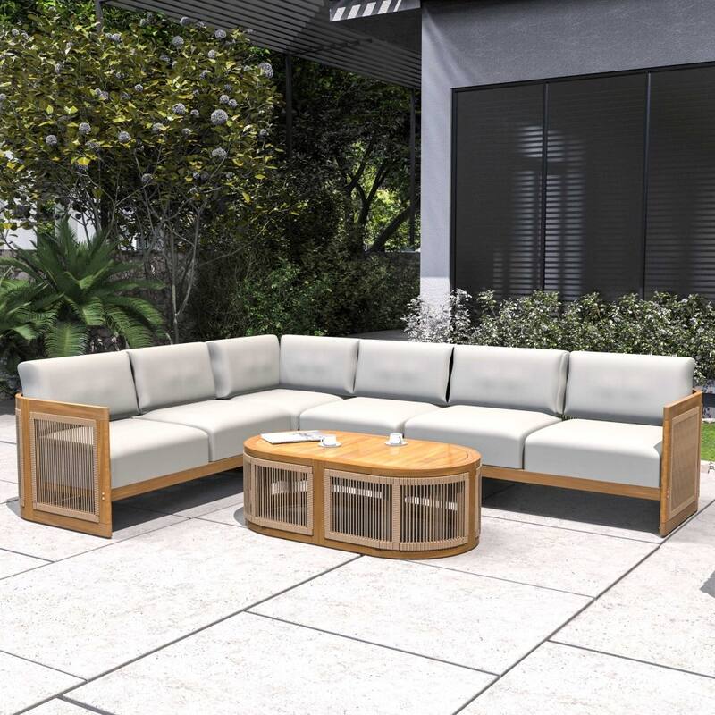 Modern Outdoor Modular Woven Conversation Sofa Set with Acacia Frame and Oval Coffee Table