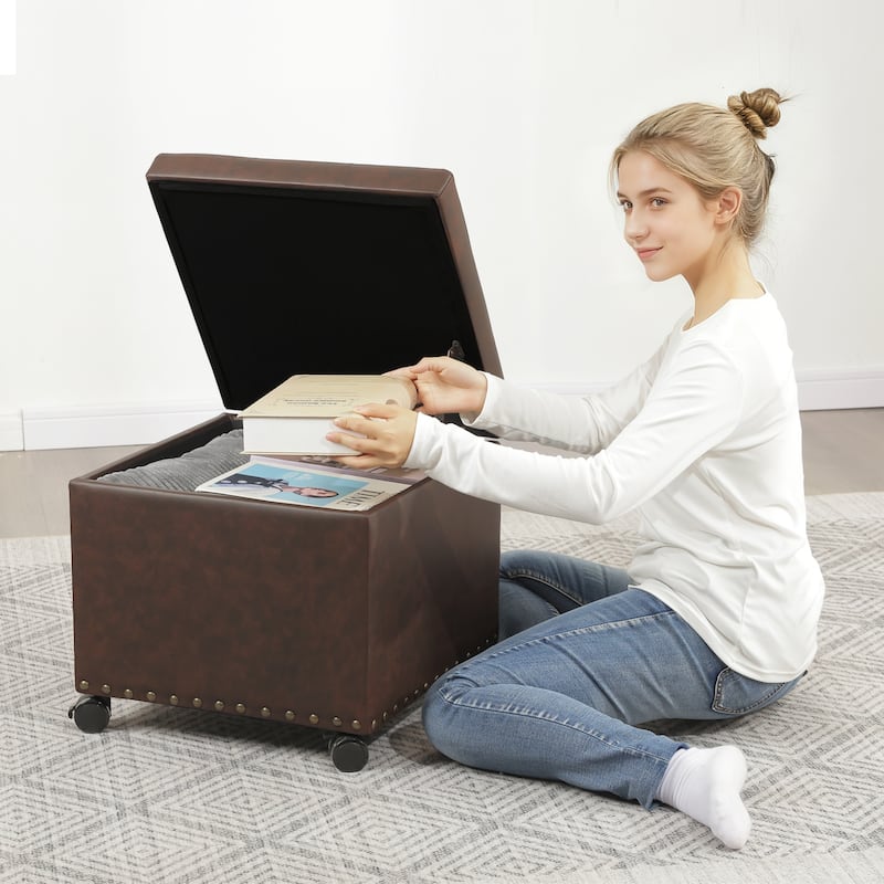 Adeco Bonded Leather Storage Ottoman Square Tufted Cube Footstool