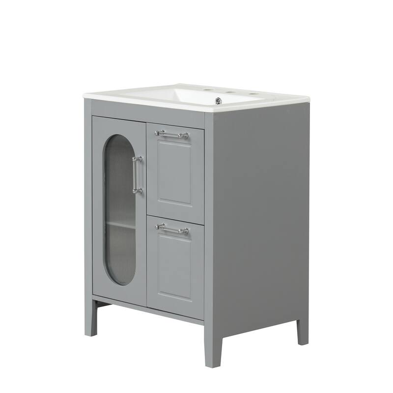 24" Black Bathroom Vanity with Sink - Solid Wood & MDF, Moru Glass Door, 2 Drawers, Adjustable Shelf