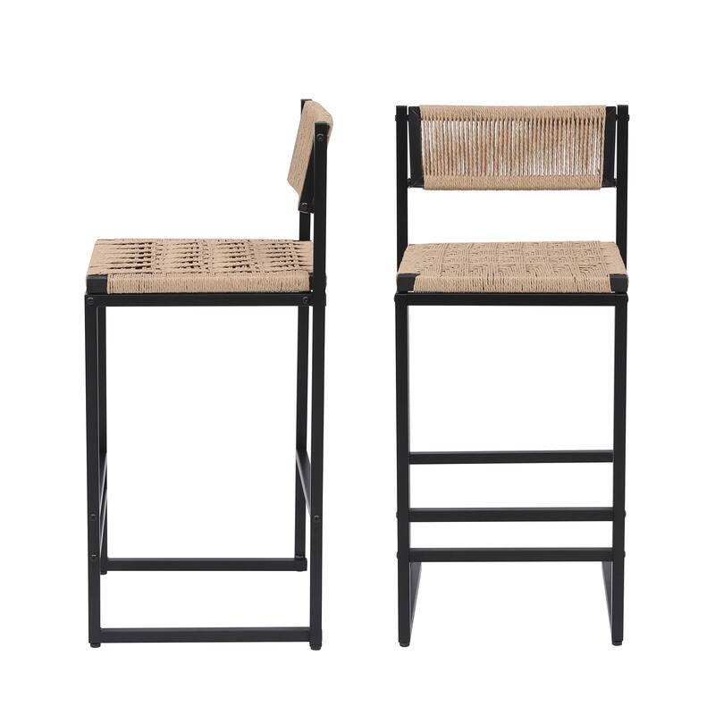 Paper Rope Woven Bar Stools Set of 2 Hand Weave Counter Stool with footrest for Kitchen Island, Dining Room