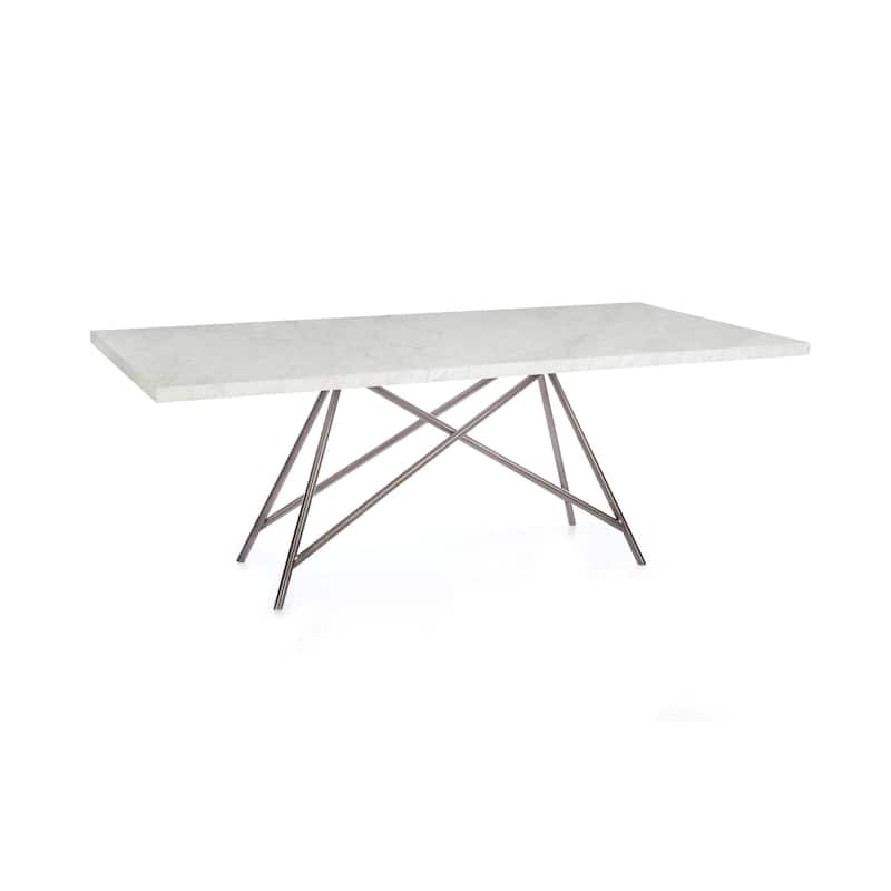 Levi 80 Inch Rectangular Carrara Marble Dining Table, Steel Legs, Chrome