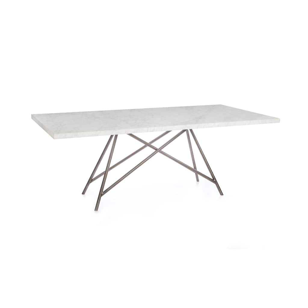 Levi 80 Inch Rectangular Carrara Marble Dining Table, Steel Legs, Chrome