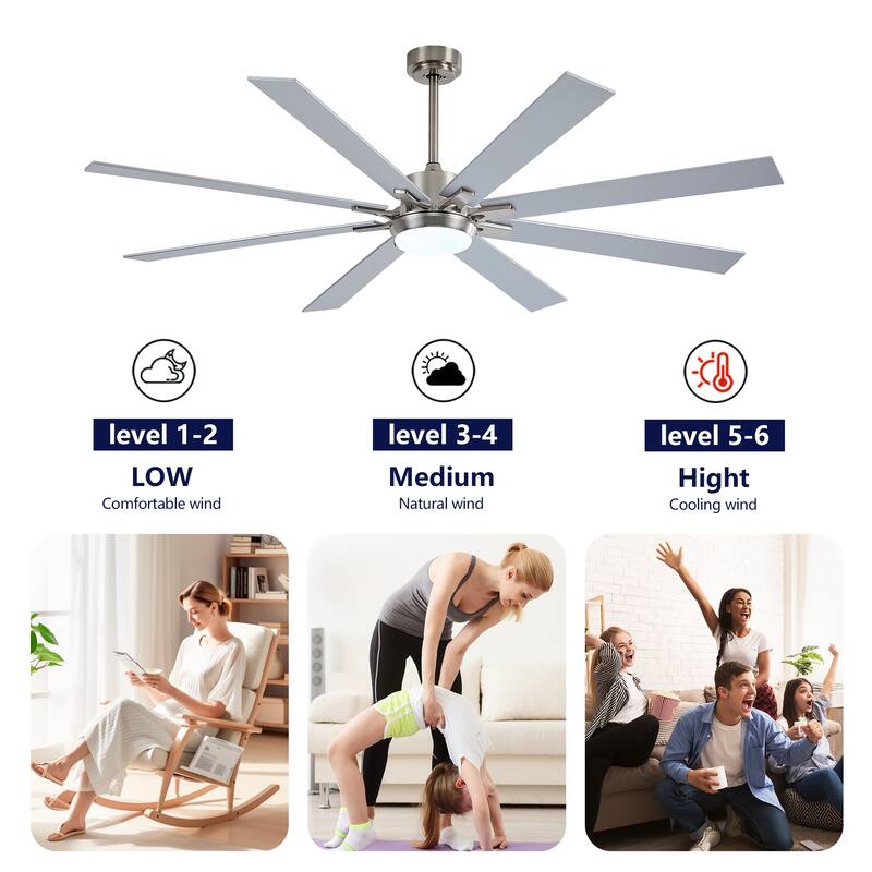 72 Inch Ceiling Fan With Light Kit 3 Color Dimmable LED, DC 6 Speed ,8 PCS Plywood Reversible Blades