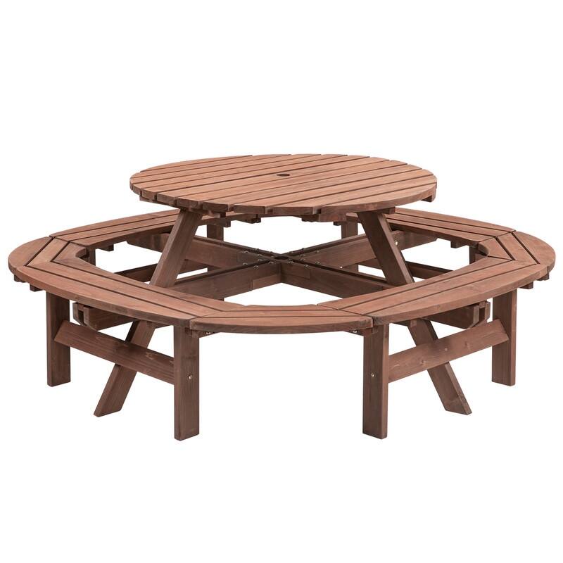 Large Round Wooden Outdoor Dining Table With Built-In Circular Bench – Seats 10-12 People, 500lb Capacity, Walnut Brown Finish. - Brown