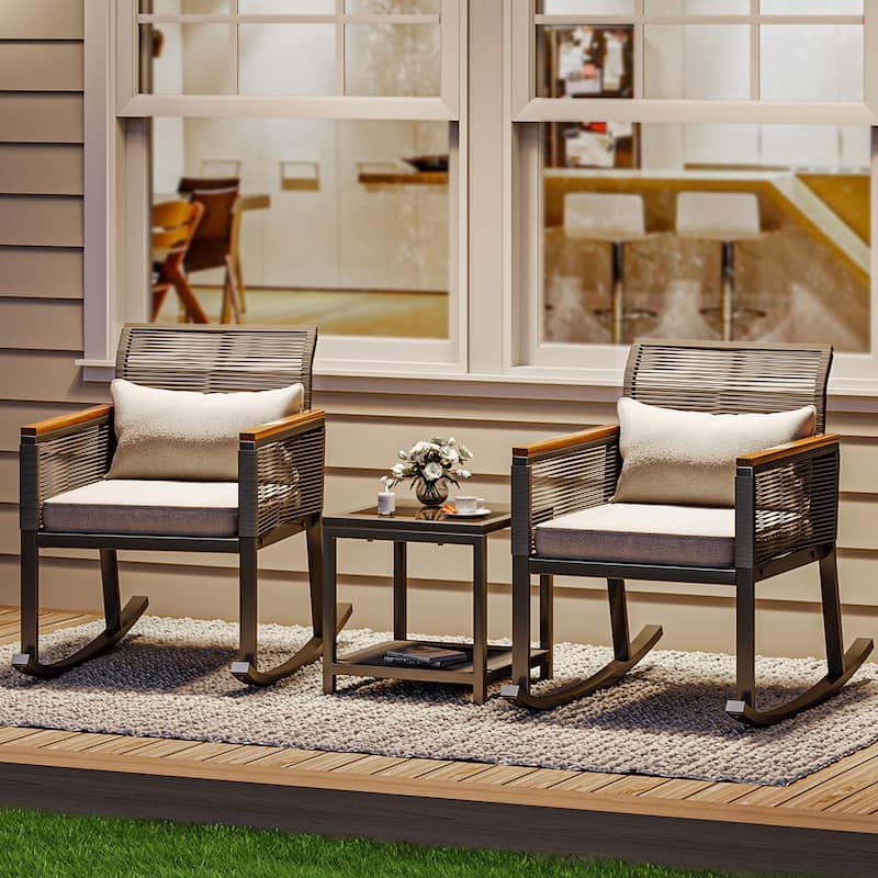 Moasis 3-Piece Patio Wicker Rocking Chair Outdoor Conversation Bistro Set - 3Pcs