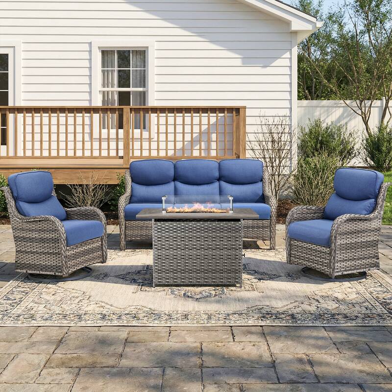 Pocassy Outdoor Fire Pit Sofa Swivel Chairs Conversation Set - Gray Wicker Blue Cushion - 4-Piece Sofa Swivel Chair w/ Fie Pit Table