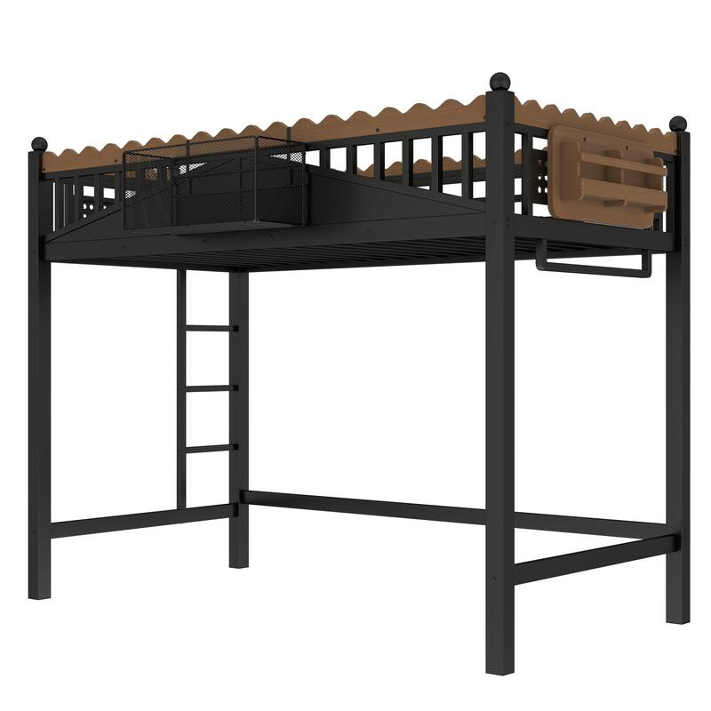 Modern Metal Loft Bed with Shelves & Bookshelf, Ladder Entry, No Box Spring Needed, Multi-Size