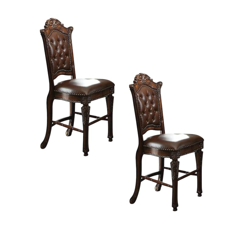 HomeRoots Set of Two 24" Brown Faux Leather and Solid Wood Counter Height Bar Chairs