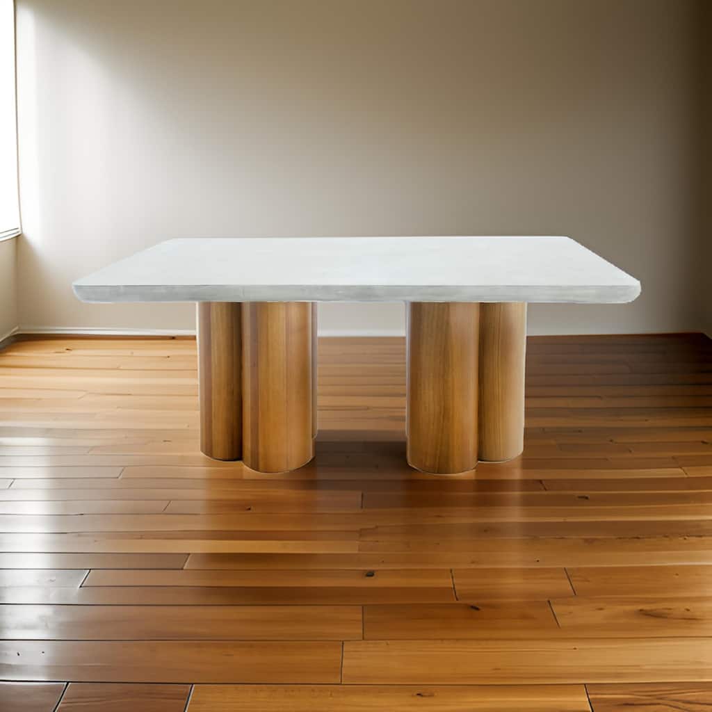 Cid Ziv 71 Inch Dining Table, Rectangular Gray Faux Concrete, Pillar Base