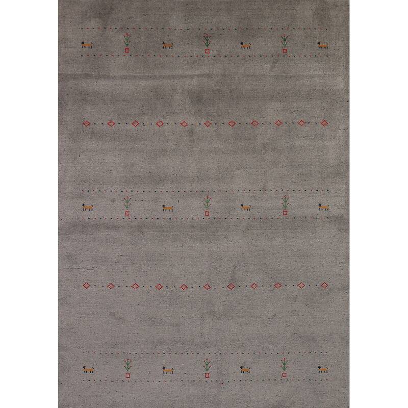 Gabbeh Oriental Area Rug Hand-Knotted Tribal Grey Wool Carpet - 5'8" x 7'7"