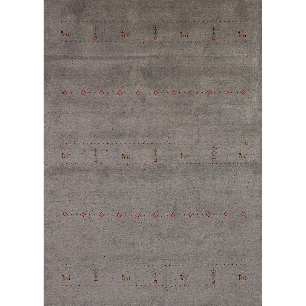 Gabbeh Oriental Area Rug Hand-Knotted Tribal Grey Wool Carpet - 5'8" x 7'7"