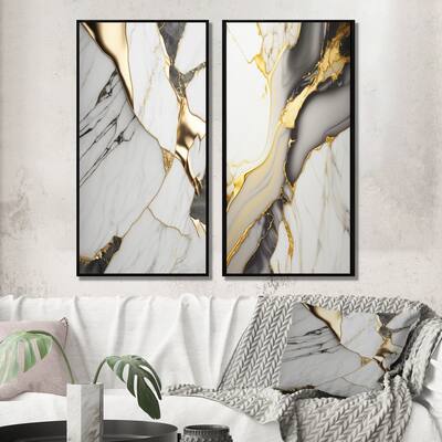 Designart "Abstract Geode Marble White And Gold" Abstract Marble Framed Canvas Set Of 2 For Living Room Decor