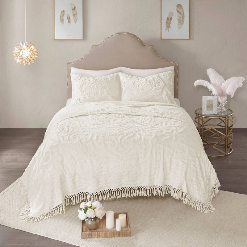Madison Park Virginia Cotton Chenille Medallion Fringe Coverlet Set