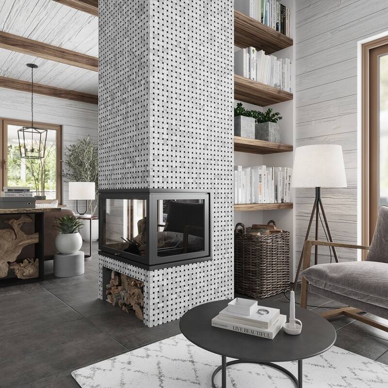 Apollo tile 12 x 12 Heritage Polished White Bianco Carrara, Eastern Black Marble Tile (5 sq ft/case) - 5 Pack