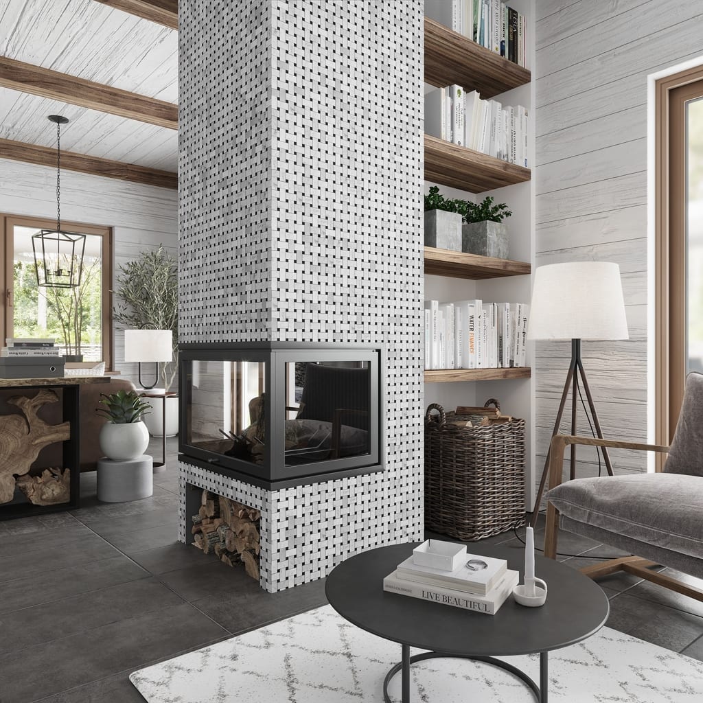 Apollo tile 12 x 12 Heritage Polished White Bianco Carrara, Eastern Black Marble Tile (5 sq ft/case) - 5 Pack