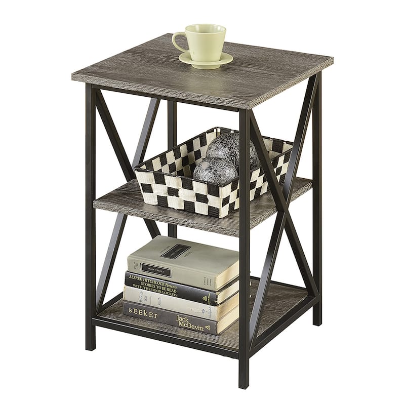 Set of 2 Nesting End Tables with Powder Coated Metal X Frame, Woodgrain Surfaces, Space Saving Versatile Design - 15.75