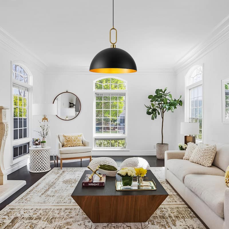 1-Light Industrial Metal Dome Pendant with Golden Ring Accent