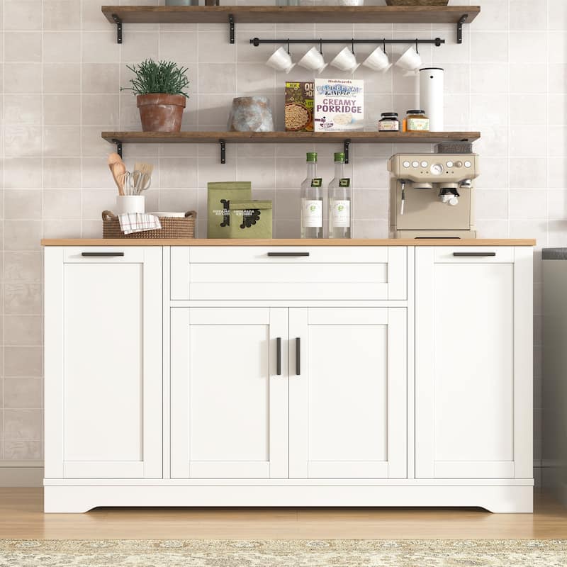 Multi-Functional Kitchen Sideboard with Extendable Dining Table, Storage Cabinet with 3-Tier Pull-Out Rack