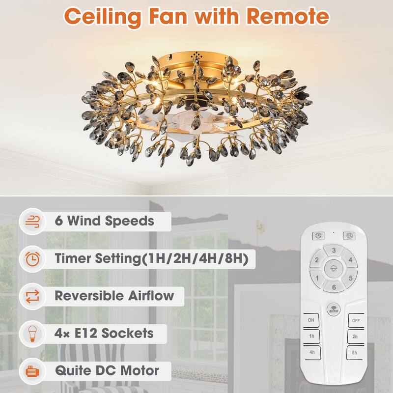 23" Modern Gold 4-Light Grey Crystal Low-Profile Flush Mount Ceiling Fan with Remote