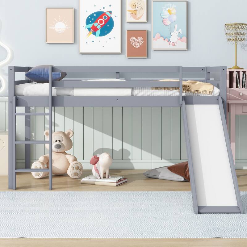 Low Loft Twin Bed with Slide, Ladder, Safety Rails, Rubber Wood Frame, Grey - Grey