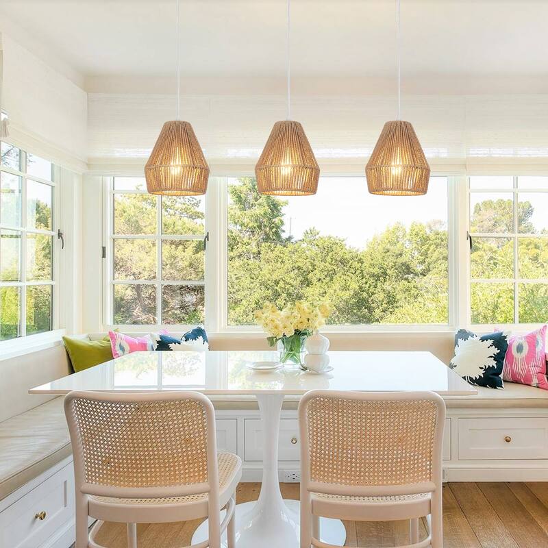 (Set of 3)1-Light Paper Rope Shaded Pendant Lights for Kitchen ，Set of Lghting Fixtures, Farmhouse Semi Flush Mount Chandelier