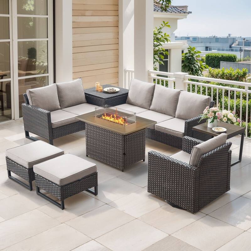 Gymojoy 6-8 Person All-Weather Wicker Outdoor Conversation Set Seating Group With Fire Pit Table