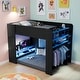 preview thumbnail 1 of 43, Full Size Wood Bunk Bed with Height-Adjustable Desk, Wardrobe, Ample Storage Space and RGB Light Blue