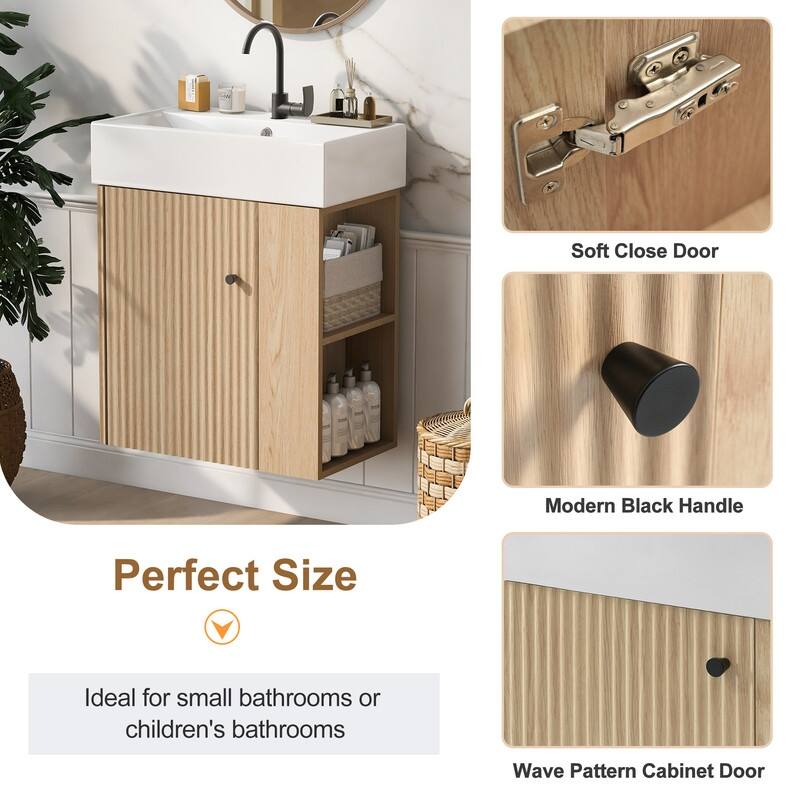 21.6" Floating Bathroom Vanity with Ceramic Basin, Right side storage