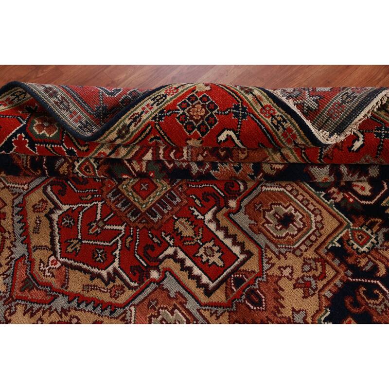 Hand Knotted Oriental 100% Wool Carpet Traditional Medallion Navy Blue & Blues Heriz (serapi) Area Rug - 9' 10'' X 8' 2''