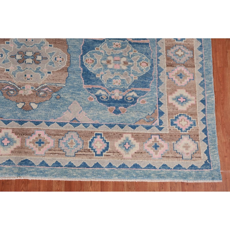 Hand Knotted Oriental 100% Wool Carpet Transitional Geometric Navy Blue & Blues Oushak Area Rug - 12' 1'' X 9' 5''