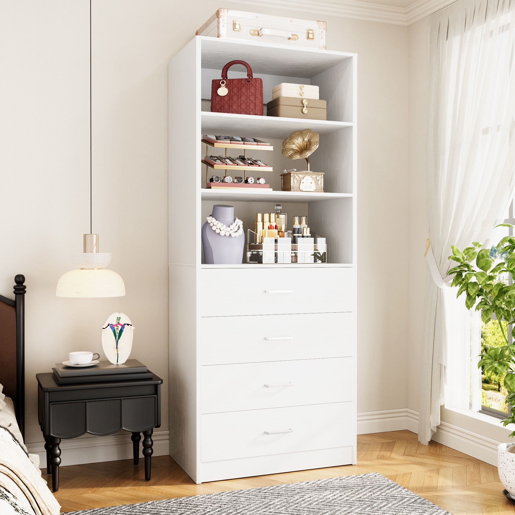 Freestanding Closet Organizer with 4 Drawers and 4 Shelves, Wooden Closet System for Walk-in Closet