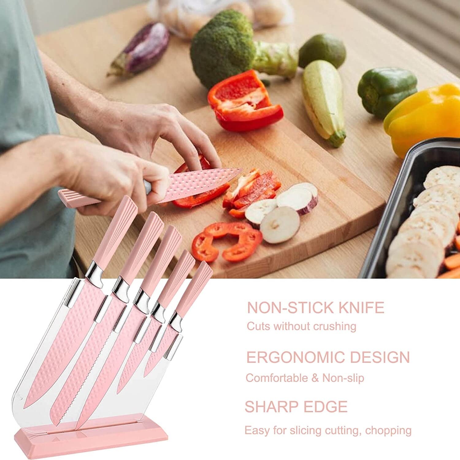 Kitchen Knife Set,8-Pieces Pink Ultra Sharp Cooking Knife Set with Acrylic  Stand, PP Handle Non-stick Chef Knives with Gift Box for Girls Women (Pink)